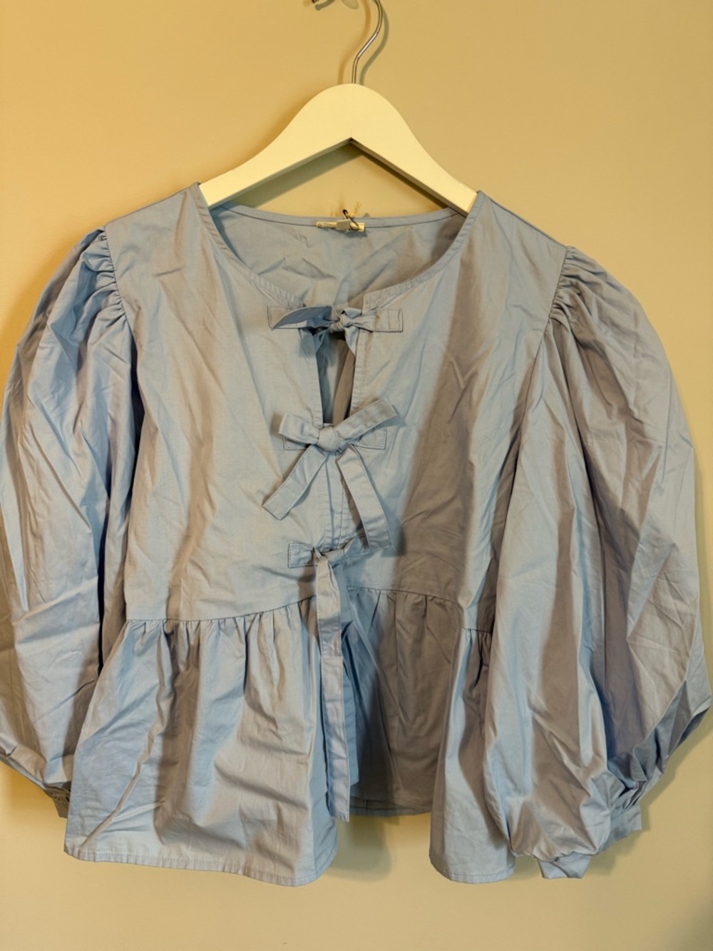 JODIFL Sky Blue Puff-Sleeve Tie-Front Peplum Blouse